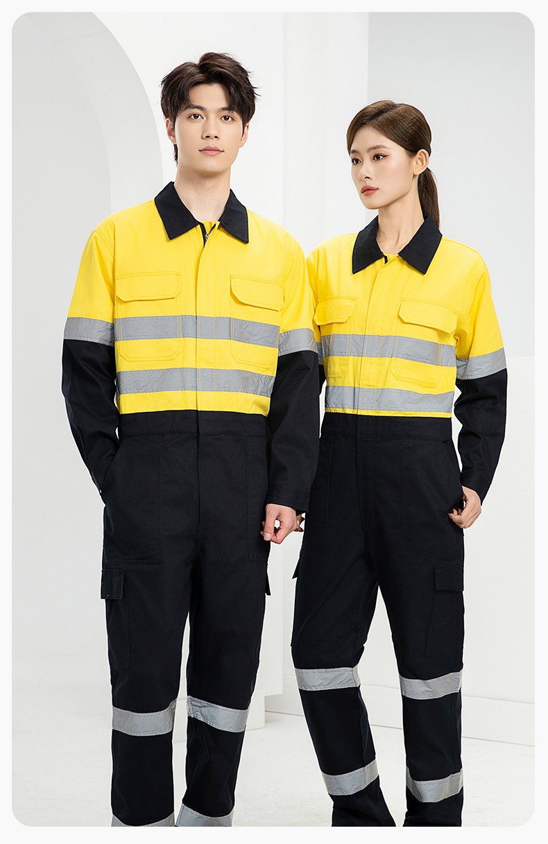 WQ2119LT 純棉春秋連體勞保工作服熒光黃桔煤礦井下印字反光條工地襯衣(圖16)