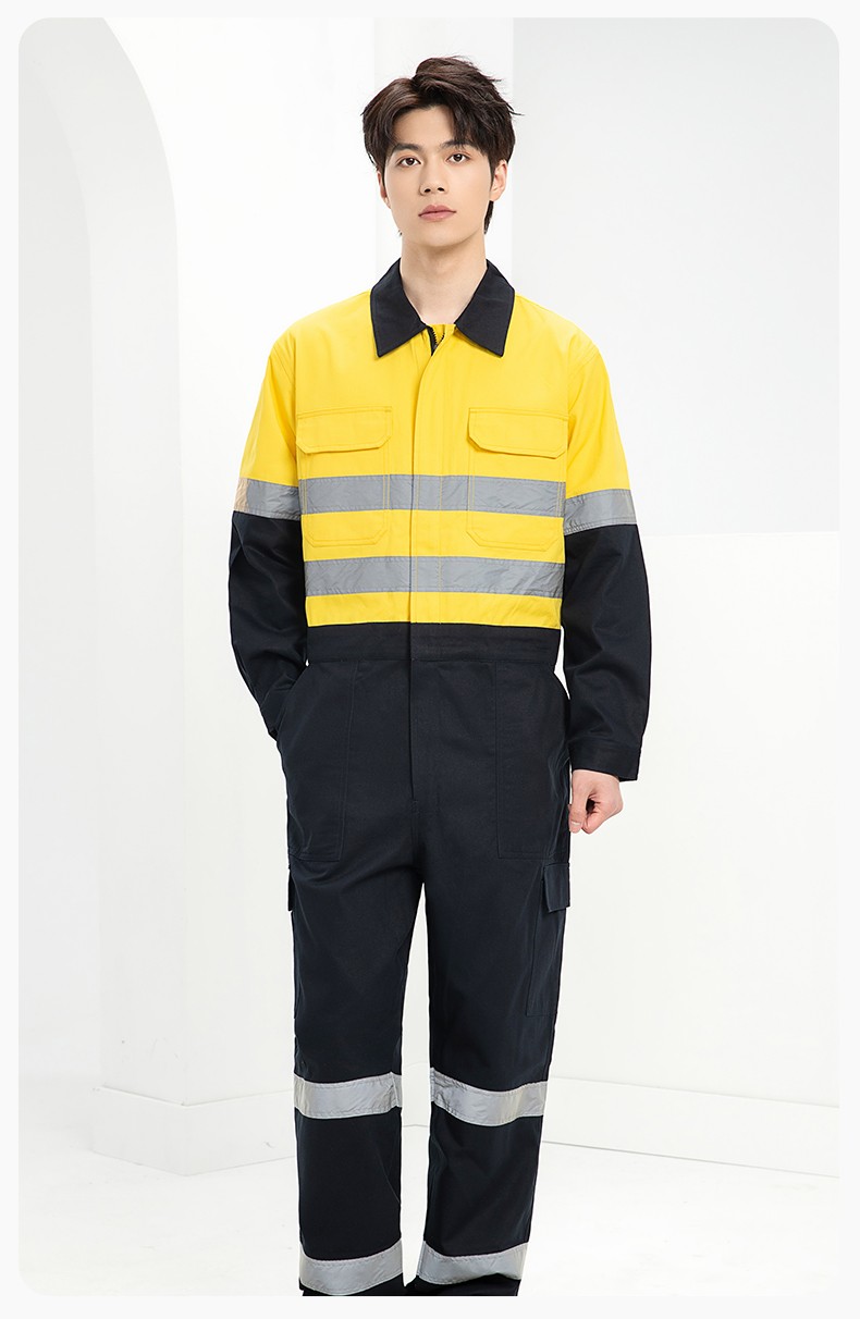 WQ2119LT 純棉春秋連體勞保工作服熒光黃桔煤礦井下印字反光條工地襯衣(圖15)