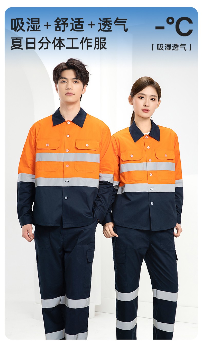 WQ2119X 夏季薄款反光條工作服印LOGO透氣車間廠服拉鏈款立領(lǐng)工裝外貿(mào)(圖1)
