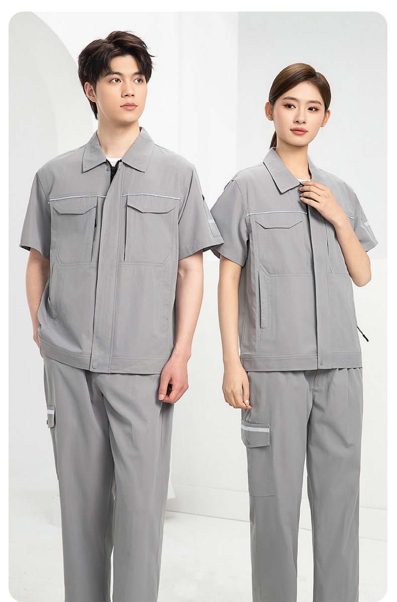 DM242D 夏季短袖工作服薄款反光條純色外套印字工廠廠服汽修工地勞保服(圖12)