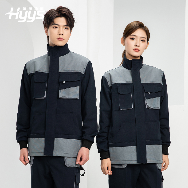 WF288 春秋工作服男多兜加固耐磨勞保服印字套裝車間廠服拉鏈款立領工裝