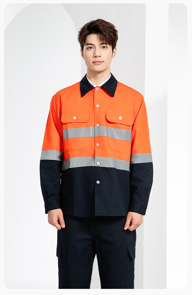 WQ2119 純棉煤礦井下勞保工作服套裝反光條建筑工地熒光黃橘襯衣襯衫(圖13)