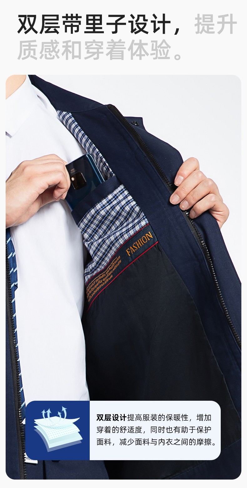 YM-230 春秋雙層工作服工裝男套裝加厚純色拉鏈款工廠工人定制夾克勞保服(圖5)