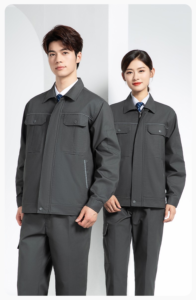 YM-230 春秋雙層工作服工裝男套裝加厚純色拉鏈款工廠工人定制夾克勞保服(圖18)