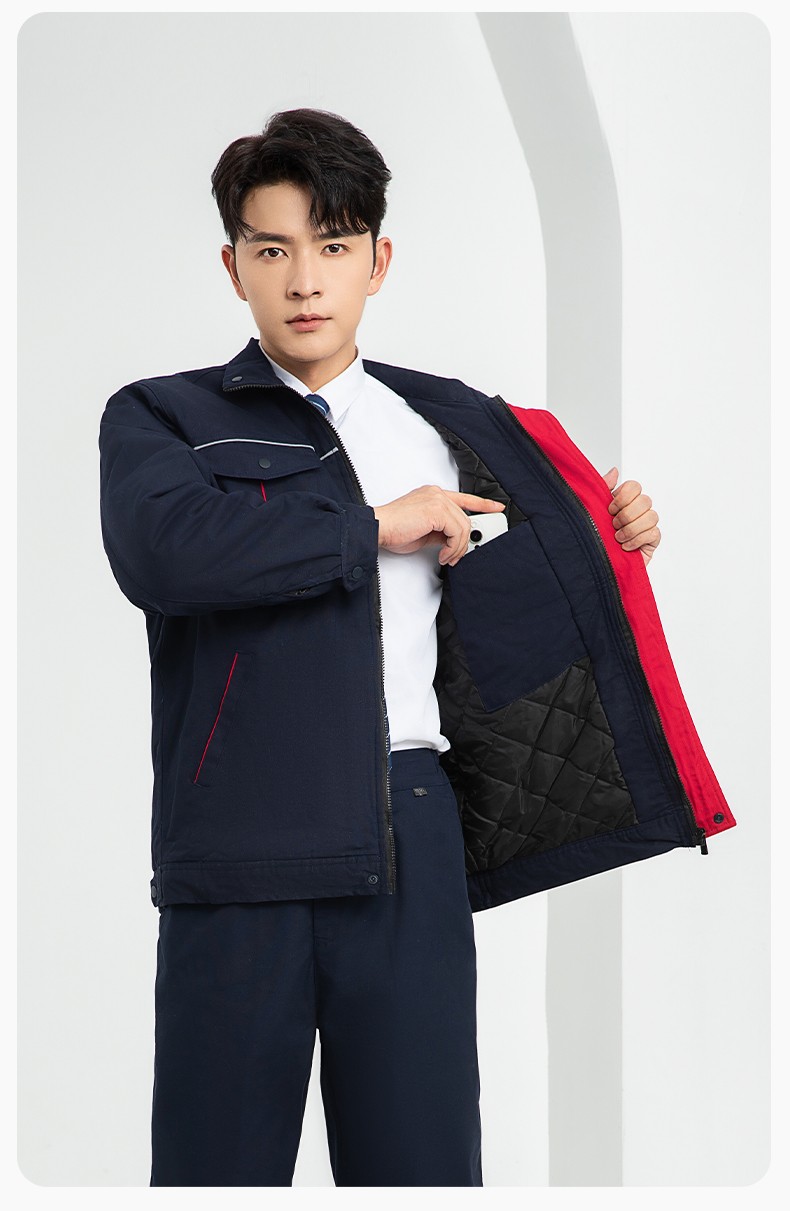 LJ-5802 冬季拼色工作服棉衣男反光條保暖加厚一體式工廠夾克勞保服定制(圖15)