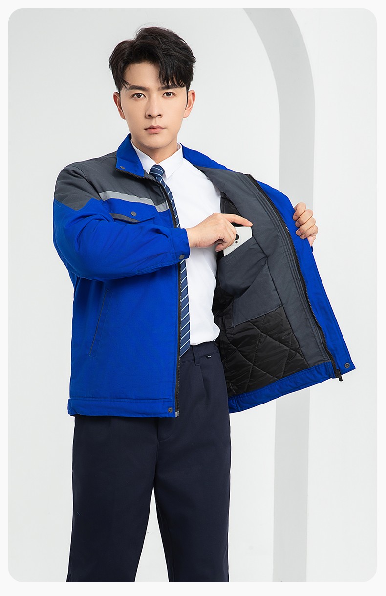 LJ-5811 冬季一體式棉衣工作服男拼色保暖工裝加油站維修廠車間勞保服定制(圖14)
