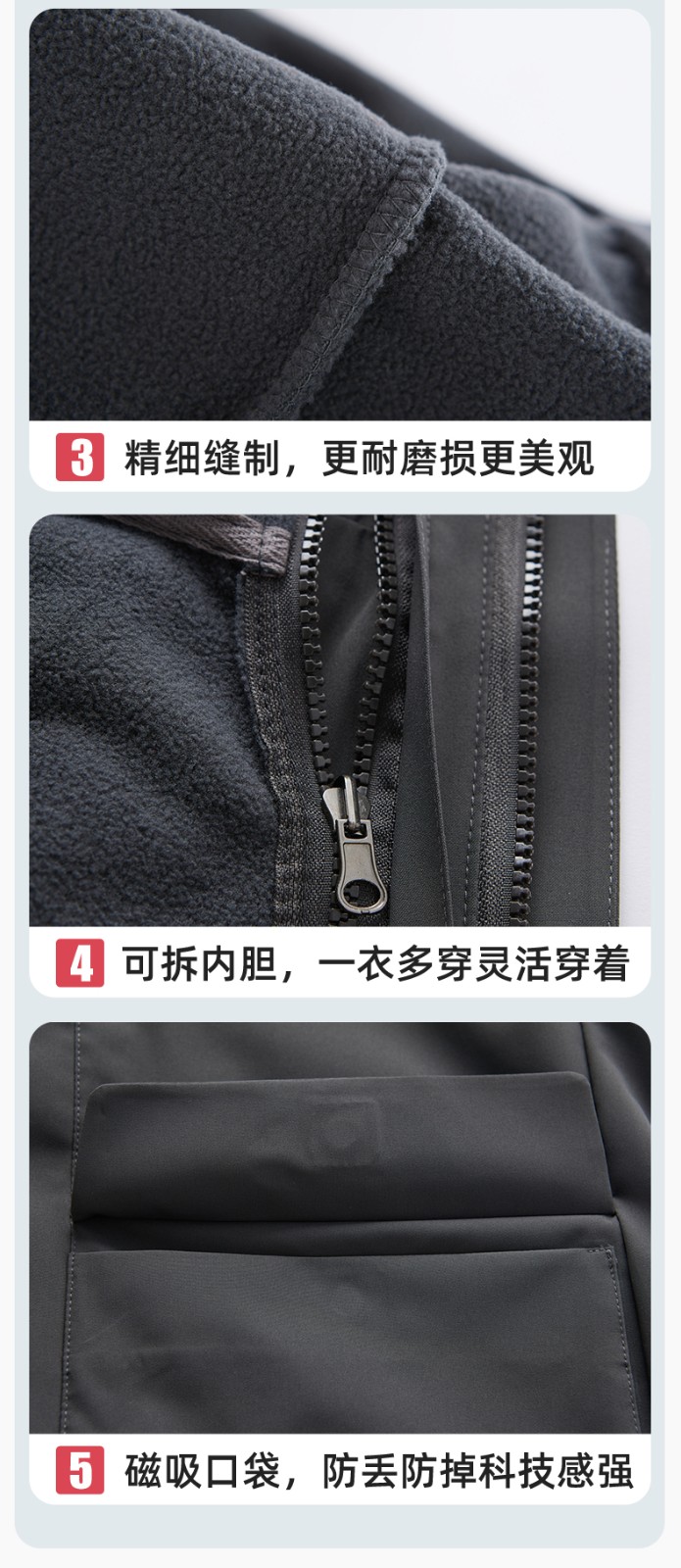 SW-9996 戶外三合一沖鋒衣秋冬加絨加厚男女同款搖粒絨沖鋒衣工作服定制(圖8)