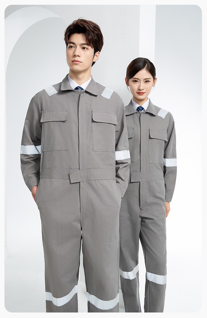 QM8669 純棉連體工作服定制男反光耐磨耐臟機(jī)修電焊工船廠海港定制勞保服(圖12)