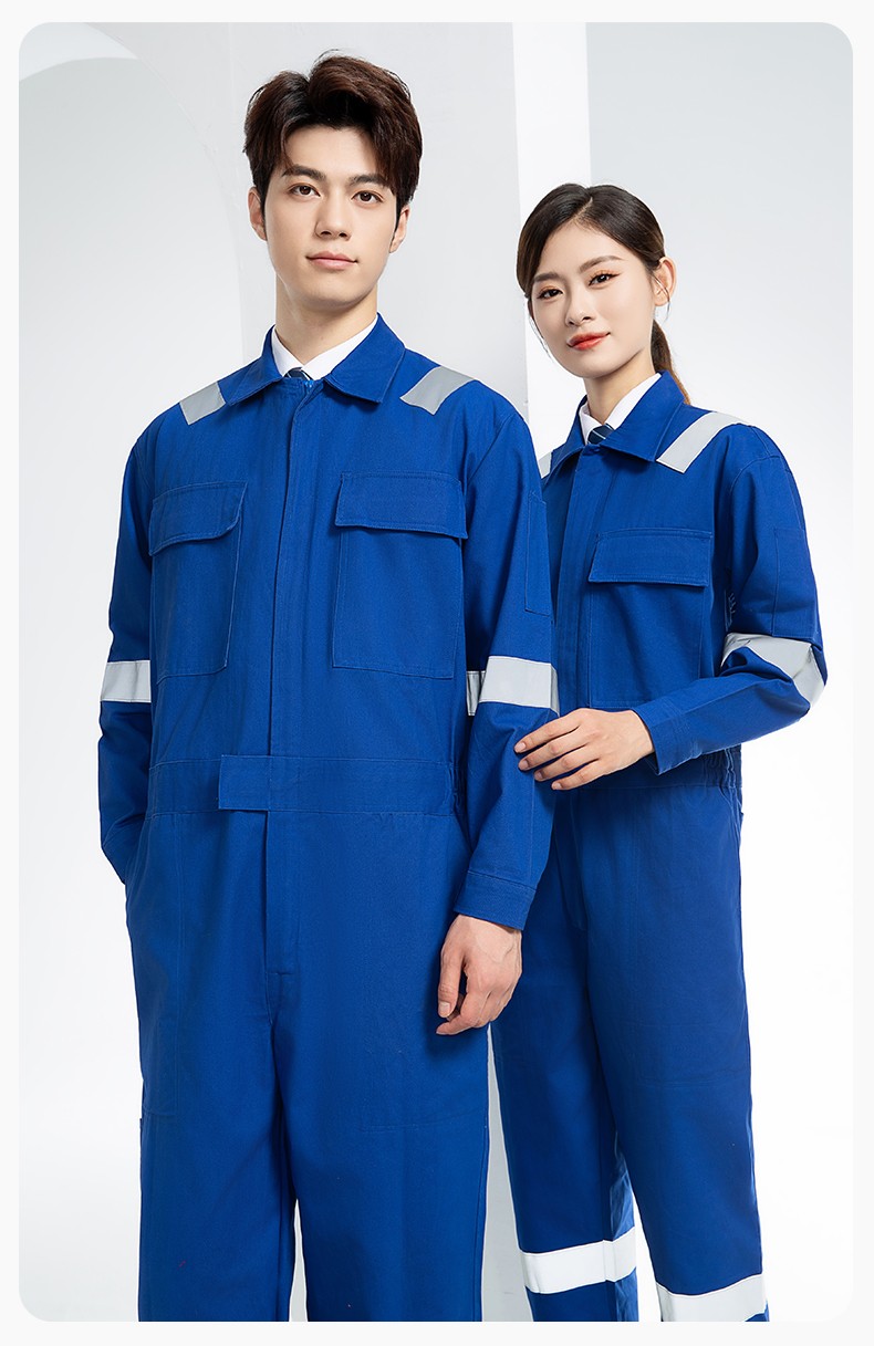 QM8669 純棉連體工作服定制男反光耐磨耐臟機(jī)修電焊工船廠海港定制勞保服(圖16)