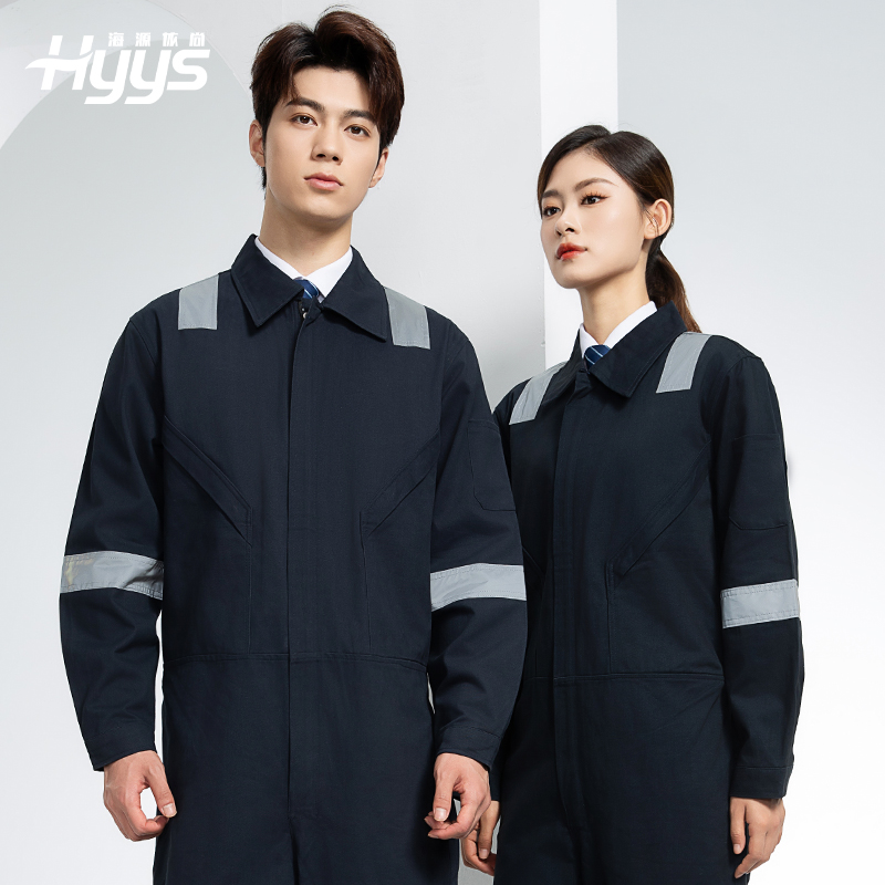 QM217 純棉連體工作服套裝男反光耐磨耐臟機修電焊工船廠海港定制勞保服