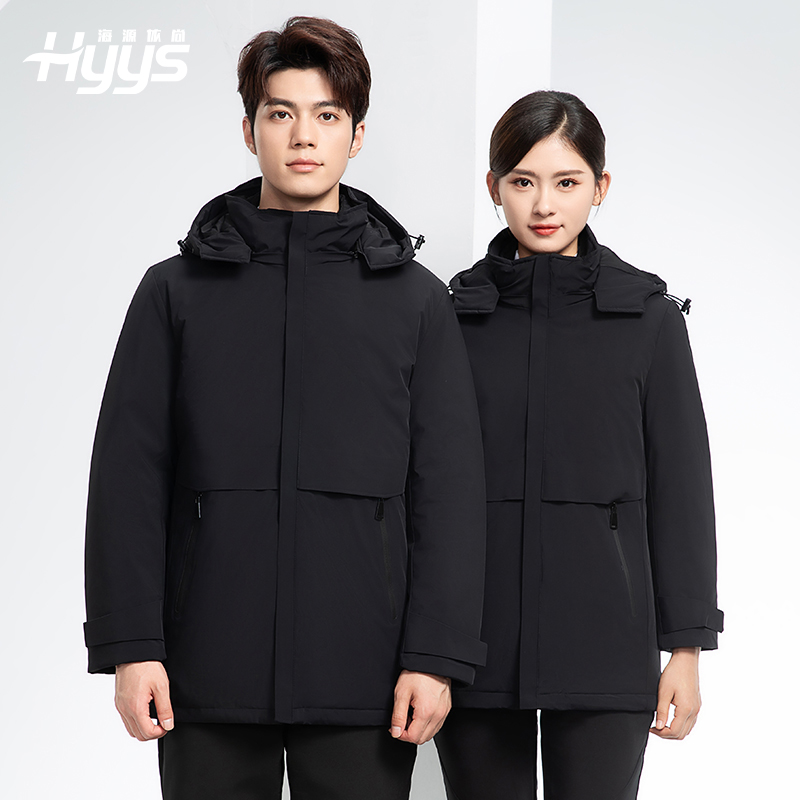 RH-6017 冬季羽絨沖鋒衣中長款工作服男純色加絨加厚保暖公司商務(wù)工裝定制