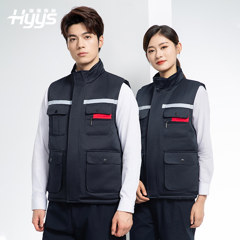 YJ-9901 冬季棉馬甲工裝立領純色反光條工作服多口袋拉鏈船廠加油站定制