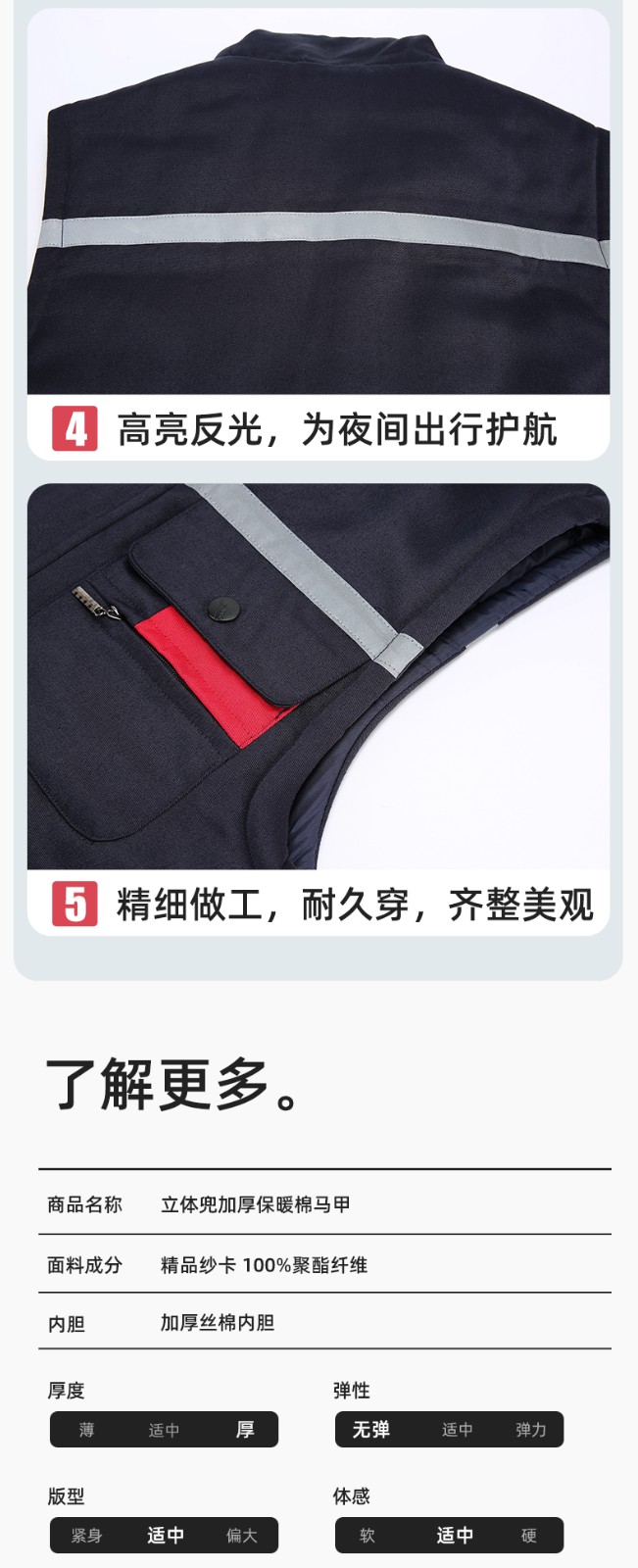 YJ-9901 冬季棉馬甲工裝立領純色反光條工作服多口袋拉鏈船廠加油站定制(圖11)