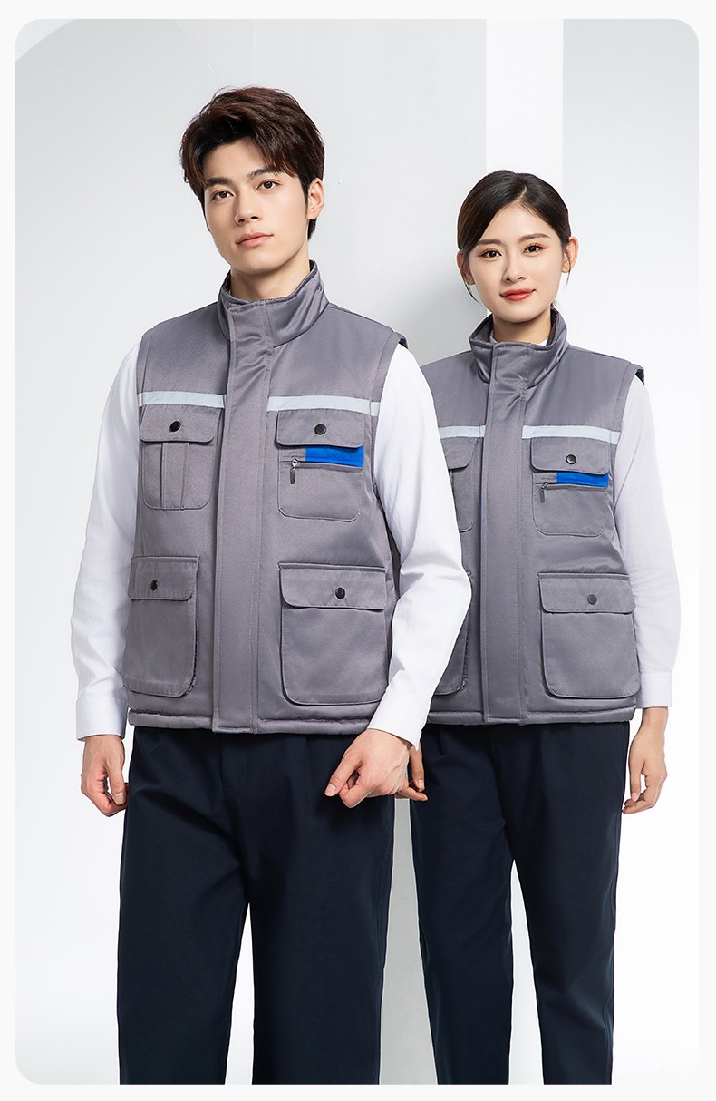 YJ-9901 冬季棉馬甲工裝立領純色反光條工作服多口袋拉鏈船廠加油站定制(圖14)