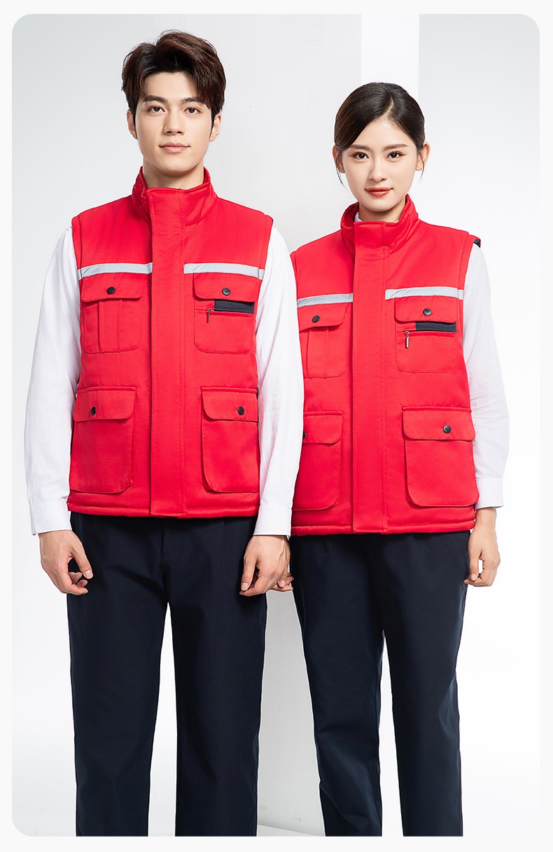 YJ-9901 冬季棉馬甲工裝立領純色反光條工作服多口袋拉鏈船廠加油站定制(圖16)