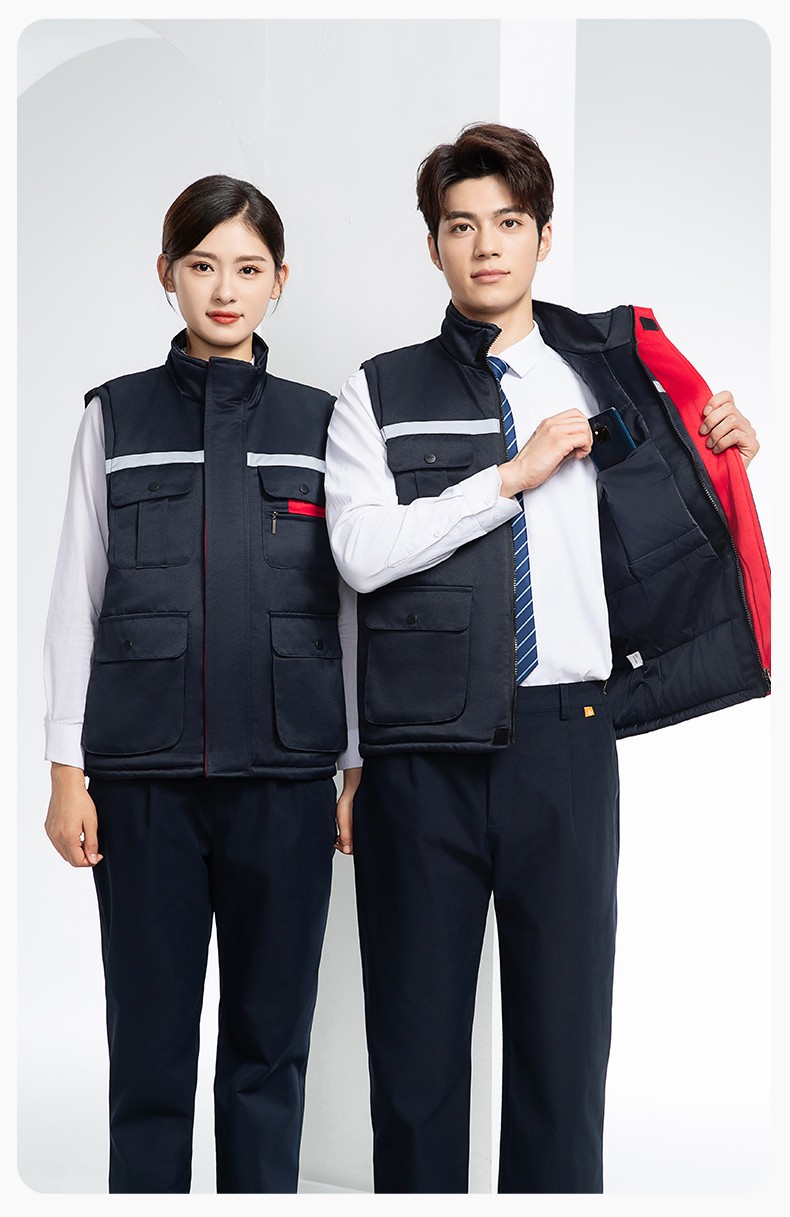YJ-9901 冬季棉馬甲工裝立領純色反光條工作服多口袋拉鏈船廠加油站定制(圖18)
