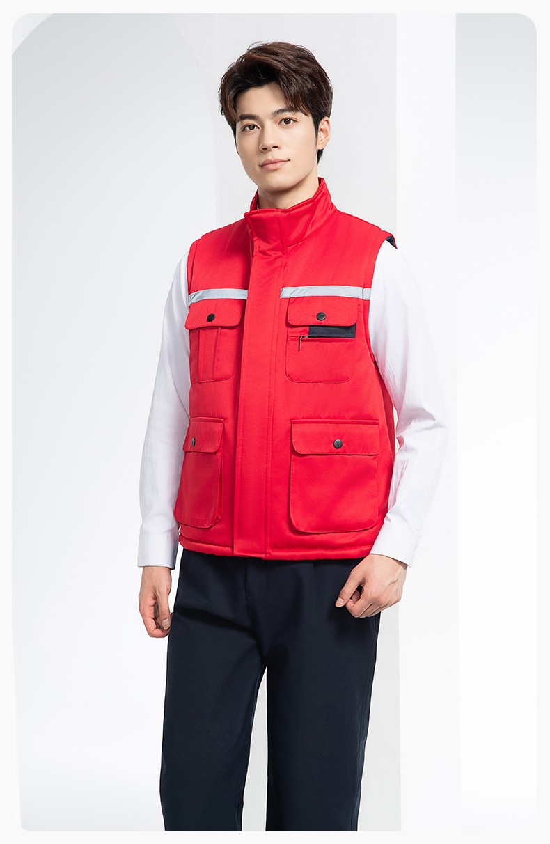 YJ-9901 冬季棉馬甲工裝立領純色反光條工作服多口袋拉鏈船廠加油站定制(圖15)
