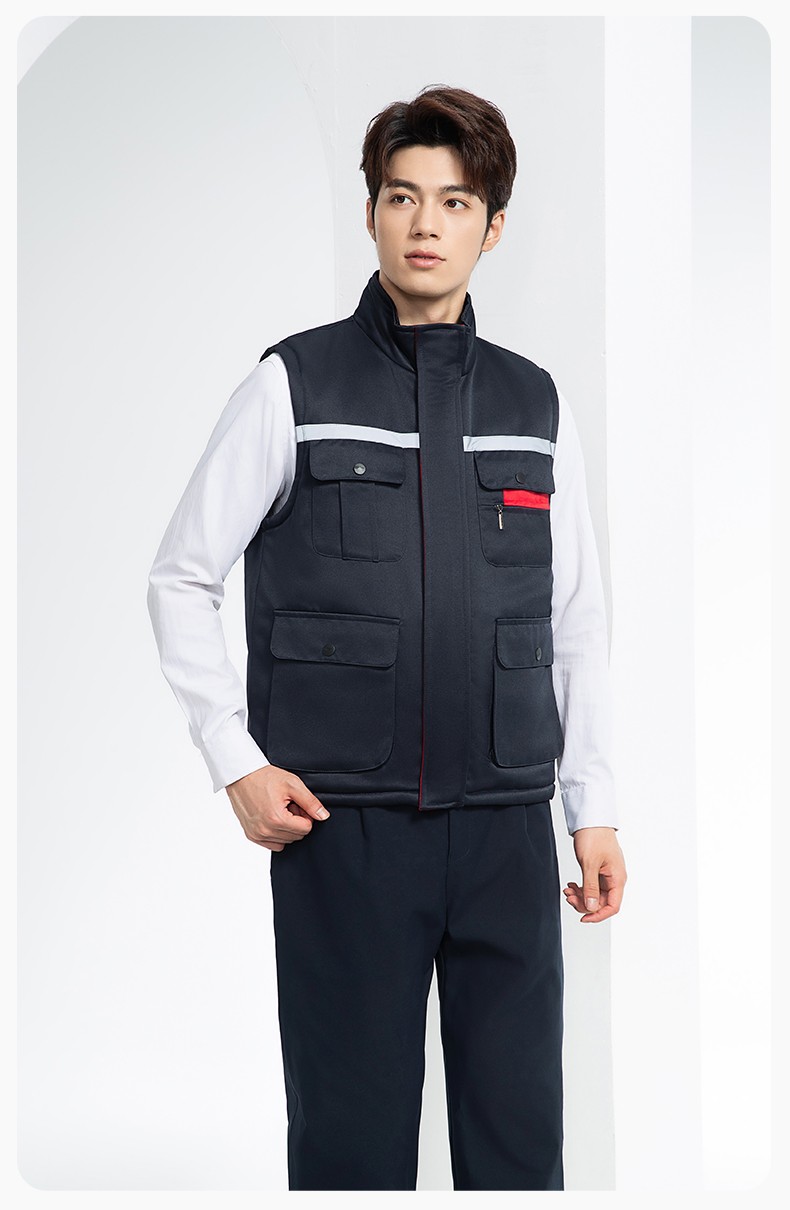 YJ-9901 冬季棉馬甲工裝立領純色反光條工作服多口袋拉鏈船廠加油站定制(圖17)