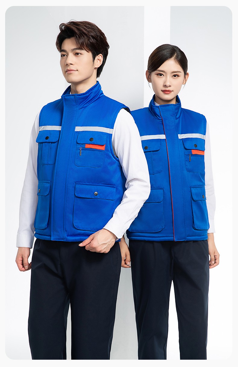 YJ-9901 冬季棉馬甲工裝立領純色反光條工作服多口袋拉鏈船廠加油站定制(圖19)