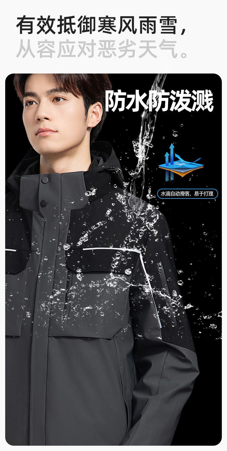 YJ-SK6016 冬季三合一沖鋒衣工作服連帽防風防水加絨加厚印logo工裝外套定制(圖5)