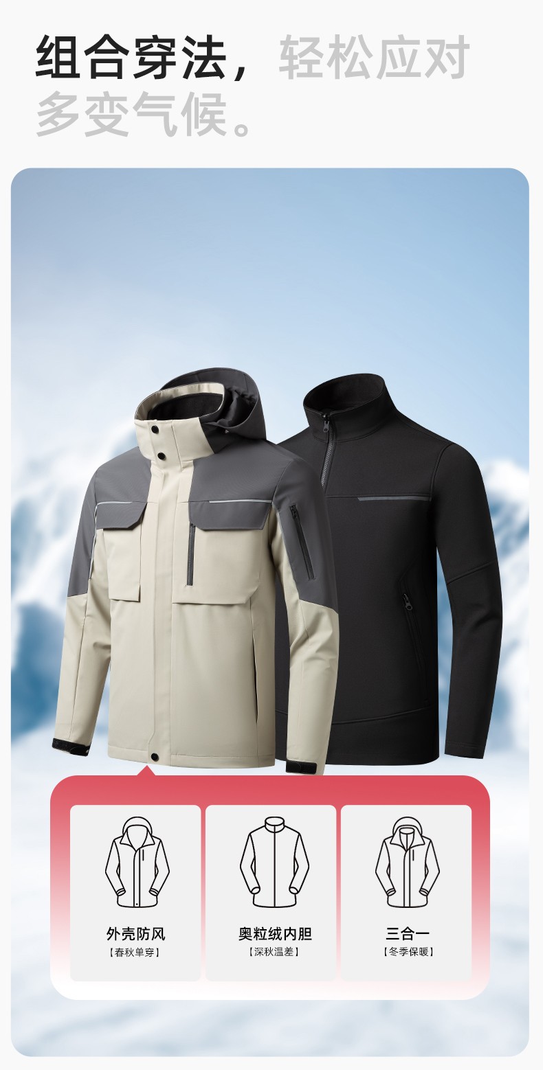 YJ-SK6016 冬季三合一沖鋒衣工作服連帽防風防水加絨加厚印logo工裝外套定制(圖8)