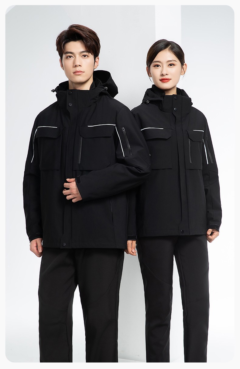 YJ-SK6016 冬季三合一沖鋒衣工作服連帽防風防水加絨加厚印logo工裝外套定制(圖22)