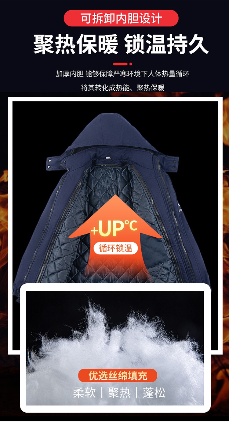 LW-8826ZY 冬季羽絨工作服定制加厚保暖中長防寒冷庫物業車間印繡字可拆卸棉服(圖8)