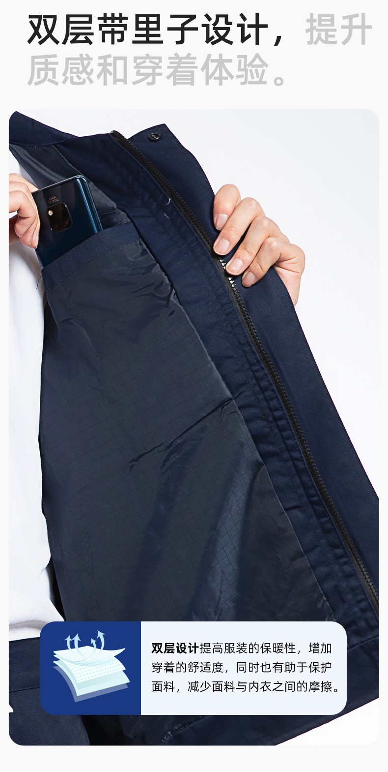 YM-20801SF 防靜電工作服套裝男秋冬雙層加厚化工廠電子廠電工裝加油站勞保服(圖6)