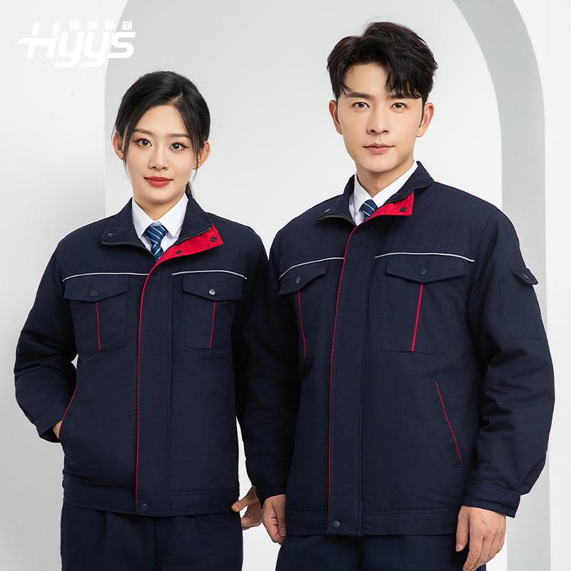 LJ-5802 冬季拼色工作服棉衣男反光條保暖加厚一體式工廠夾克勞保服定制